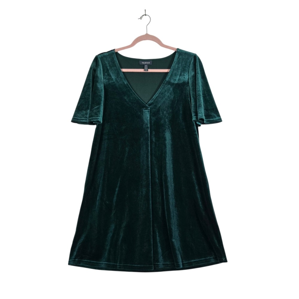 Modcloth Swing Dress Womens XS Green‎ Velvet Short Sleeve Mini V Neckline